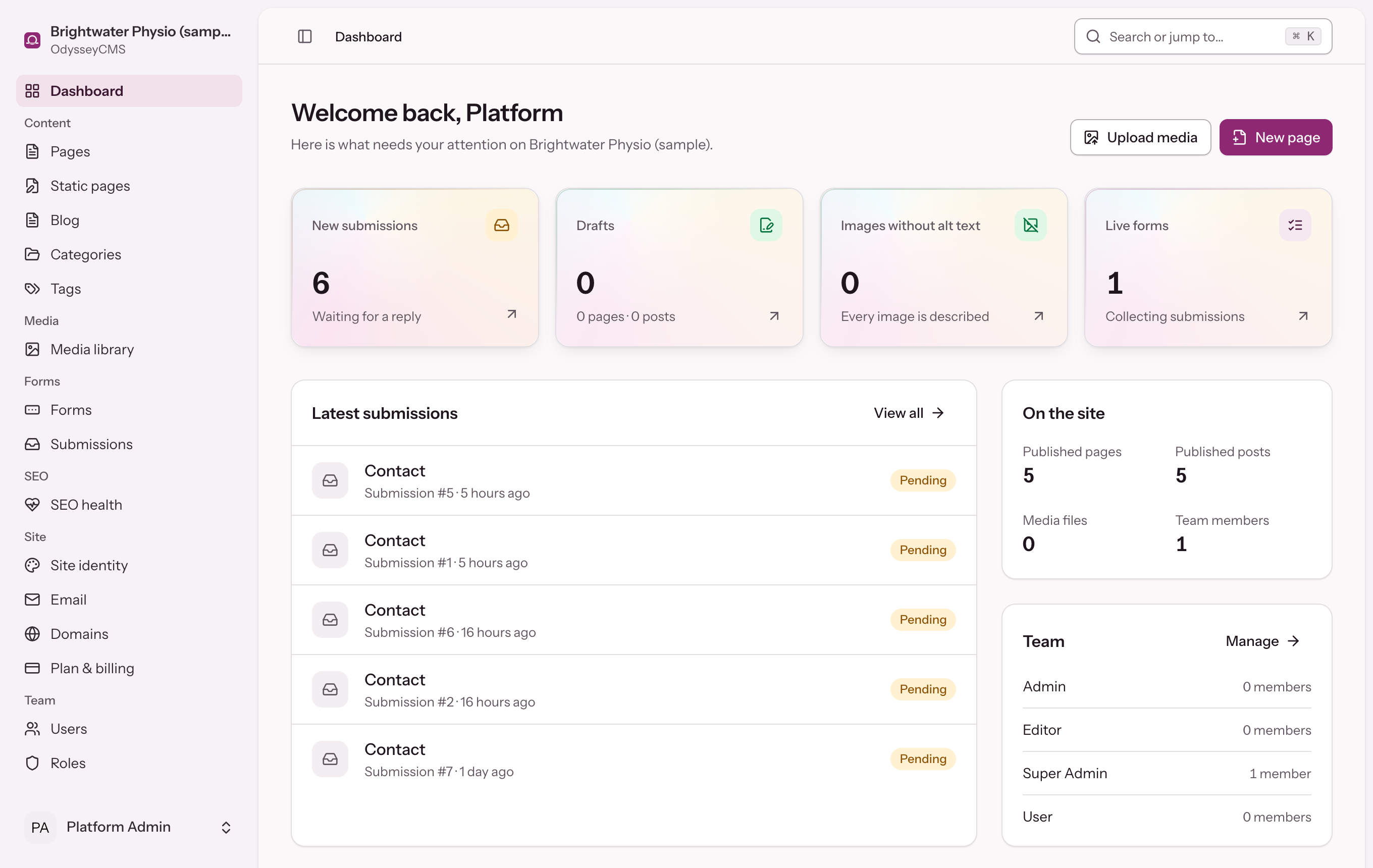 The OdysseyCMS dashboard for a sample site, with new form submissions, drafts, images missing alt text and live forms, and the grouped navigation for content, media, forms, SEO, site and team.