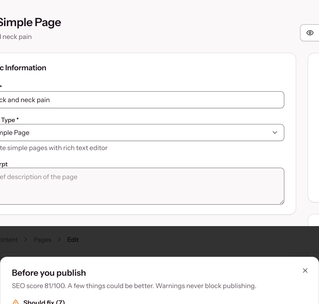 The "Before you publish" dialog: an SEO score of 81 out of 100 and a list of checks to fix, each with a Fix link to the field that resolves it.