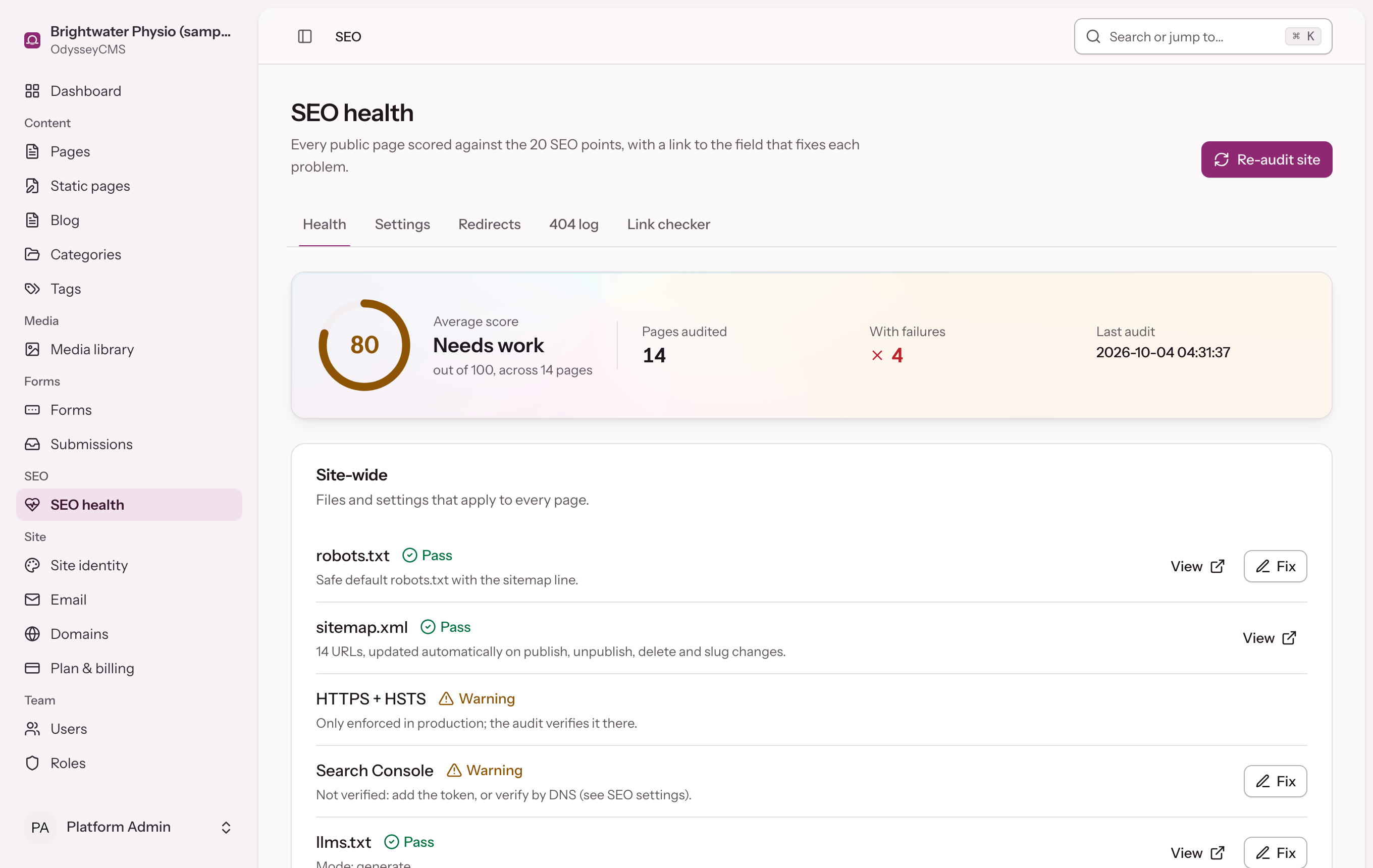 The OdysseyCMS SEO health panel for a sample site: an average score of 80 out of 100 across 14 pages, with site-wide checks for robots.txt, sitemap.xml, HTTPS and Search Console.